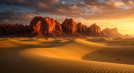 Golden desert sand dunes landscape under dramatic light on the horizon