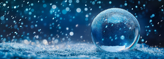A snow globe on the ground with snow falling around it, against a dark blue background.
