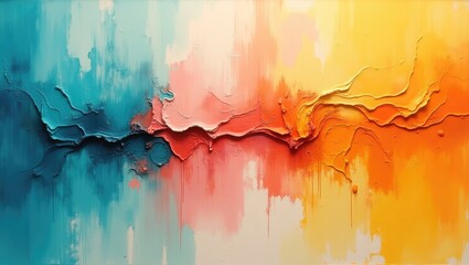 Colorful textured painting features a dynamic composition, showcasing blended hues of blue, pink, and orange across the canvas.