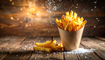Crispy golden French fries in paper cone on rustic wooden table
