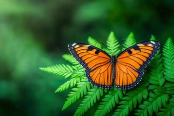Obraz premium environmental conservation with forest preservation and nature reserves. Butterfly landing on native plant in biodiversity-rich forest sanctuary