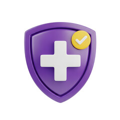 Obraz premium 3D purple shield icon with a white medical plus sign and a yellow verification checkmark, symbolizing health protection and security.