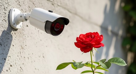 Security Camera and Red Rose - Surveillance in a Garden Setting.