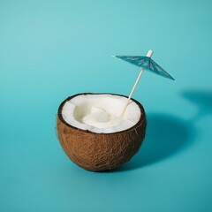 Minimal tropical composition with half a coconut filled with creamy drink and a small cocktail umbrella on a bright turquoise background, symbolizing summer relaxation, exotic vacation, and refreshmen