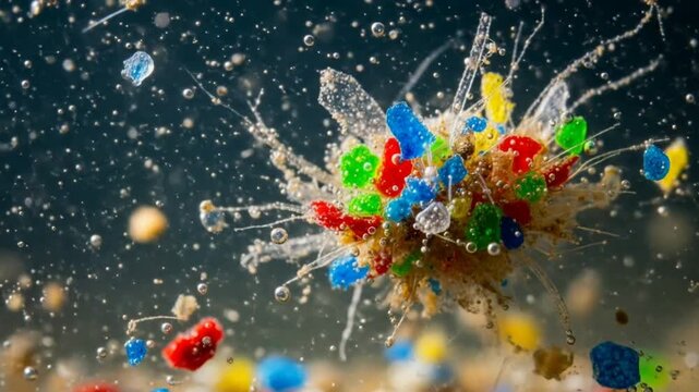 Floating Colorful Microplastics Cluster - Toxic Pollution Underwater