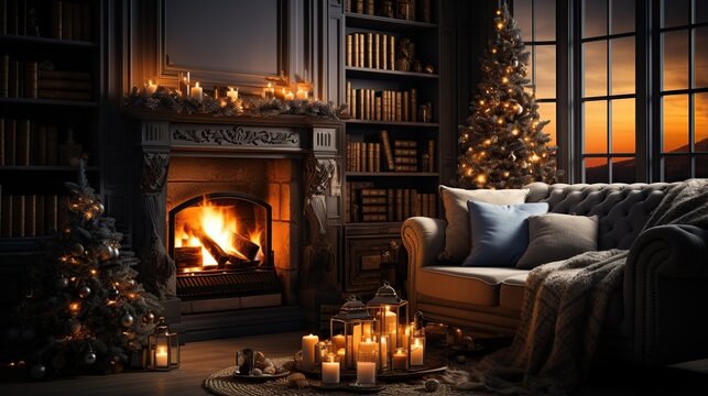 Cozy Christmas Library Scene with ling Fireplace and Decorated Tree