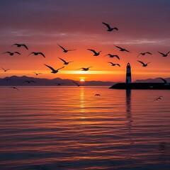 Sunset Serenity - Birds Soaring Above Lighthouse at Dusk.
