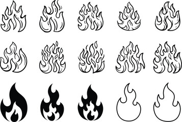 Fire Flame Icon Set, Outline and Solid Flame Vector Collection, Minimal Burning Symbol Design Bundle set