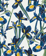 Beautiful hand-painted seamless pattern. watercolor iris flowers in blue and yellow hues with lush green stems. Ideal for apparel, resortwear, scarves, stationery, and home décor. 