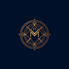 Create a modern luxury logo with a geometric compass-inspired design in gold color on a dark background, featuring clean lines and minimal style