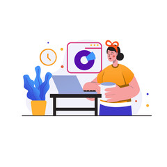 Woman Working On Laptop Holding Cup With Plant And Chart In Background White Transparent Backdrop