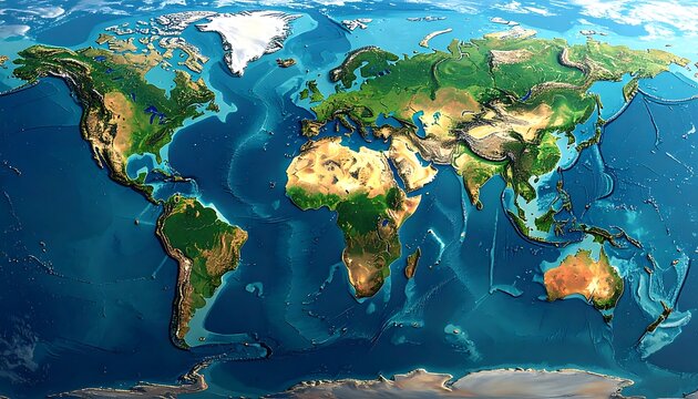Topographic map of the world, oceans and landmasses shown in vivid detail