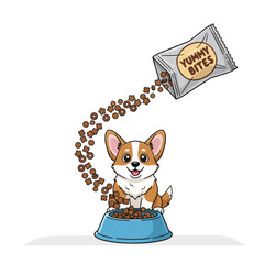 Obraz premium Adorable cartoon Corgi eagerly awaiting yummy treats, a delightful moment of pet happiness, food pouring into bowl creating a fun playful scene