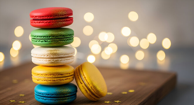 Stack of colorful french macarons with bokeh lights in the background
