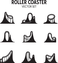 Black silhouette roller coaster vector set amusement park