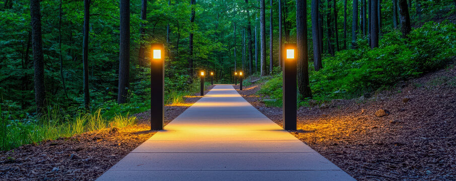environmental conservation with forest preservation and nature reserves. Solar-powered lighting along minimal-impact trail in forest reserve