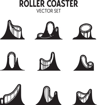Black silhouette roller coaster vector set amusement park