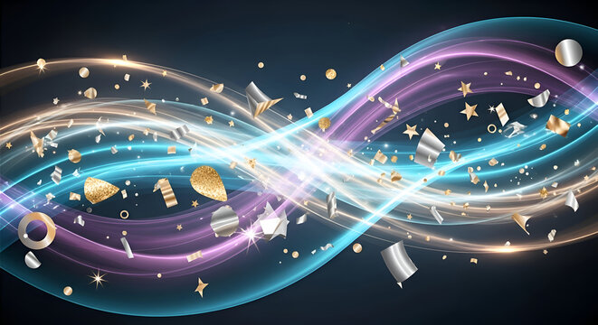 Abstract infinity symbol with glowing light trails and particles