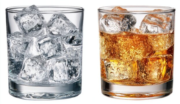 Two short glasses, one with ice water, the other with amber liquid, likely an alcoholic drink.  Both filled to similar levels with clear ice.  Simple, studio shot against a white background