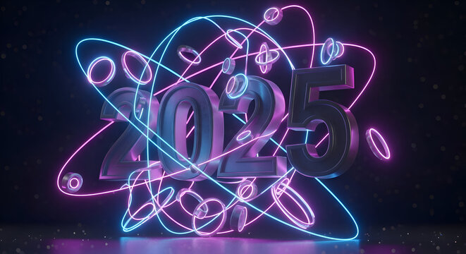 Futuristic glowing neon atom model with 2022 numbers in a science and technology concept - Powered by Adobe