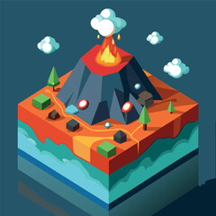 A colorful isometric illustration of an erupting volcano island with lava flow, trees, rocks, and surrounding ocean, in a 3D cartoon style © azadhossain