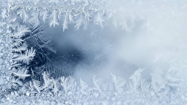 Frosted window pane with intricate ice patterns framing a blurred winter landscape outside