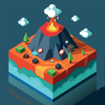 A colorful isometric illustration of an erupting volcano island with lava flow, trees, rocks, and surrounding ocean, in a 3D cartoon style