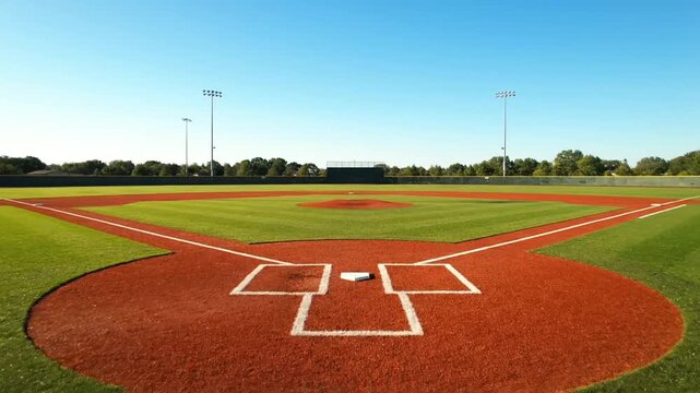Expansive baseball field with well-maintained grass diamond and pitcher's mound under a bright sunny sky on game day
