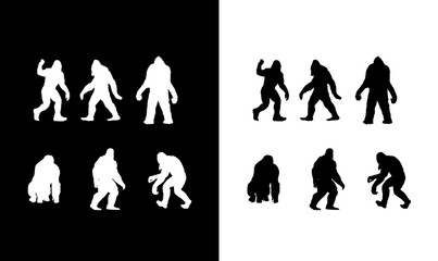 gorilla silhouette set vector illustration, chimpanzee silhouette set vector illustration, chimpanzee, gorilla, silhouette, black, design, art, illustration, icon, symbol, abstract, vintage, mammal, 