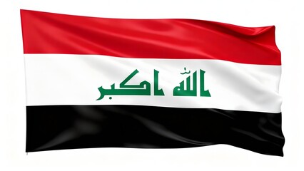 Photorealistic image of the flag of Iraq with three horizontal stripes (red, white, black) and the green Arabic script "Allahu Akbar" in the center. Isolated on a white background.