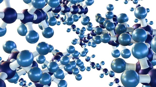 A 3D animation of a polymer chain. The chain is made up of individual monomers, which are linked together by chemical bonds