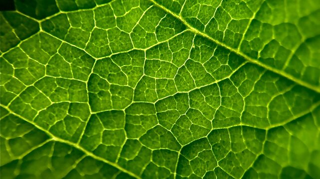 A macro photograph of a green leaf showing its detailed vein structure illuminated by sunlight, highlighting its natural patterns and texture.
