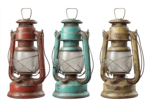 Three vintage-style oil lamps, weathered and rusted, displayed in a studio setting