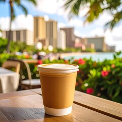 Coffee cup on table overlooking beach
