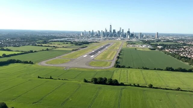 An aerial view of an airport runway amidst verdant fields, with a city skyline in the background