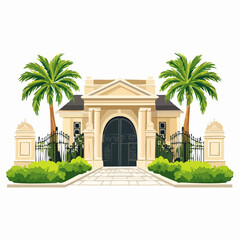 Fototapeta premium Opulent mansion entrance with grand driveway, ornate gates, and lush palm trees