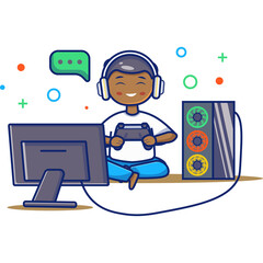 Young Boy Wearing Headphones Enjoys Playing Video Games Sitting Cross Legged In Front Of Computer Monitor With Colorful Desktop Tower And Game Controller In Hand Minimalist Pixel Art Style