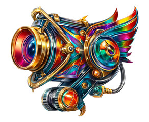 Colorful Retro Camera with Wings: Isolated Artistic Design on Transparent Background