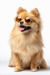 Obraz premium Stylish Pomeranian wearing sunglasses against white background 
