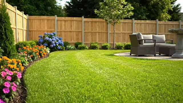 Lush garden blooms with colorful flowers overlooking a serene backyard lawn and cozy chair for relaxation and enjoyment