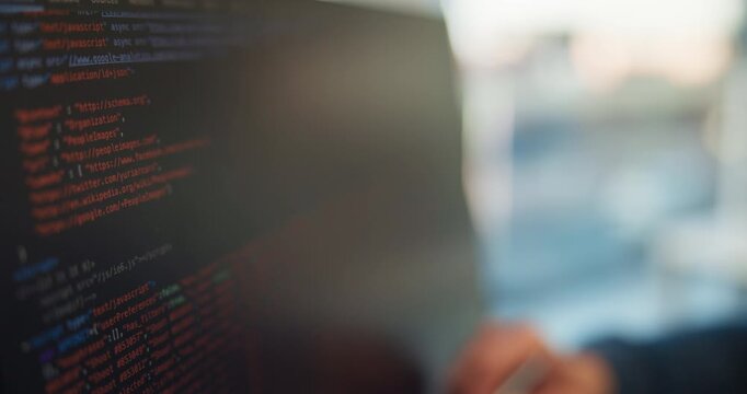 Person, hand and code with HTML on computer screen for software development, web design or hyperlinks at office. Programmer, review or app developer with pen for frontend UI or website cybersecurity