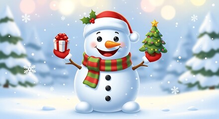 Fototapeta premium Festive Snowman Illustration with Christmas Tree and Gift.