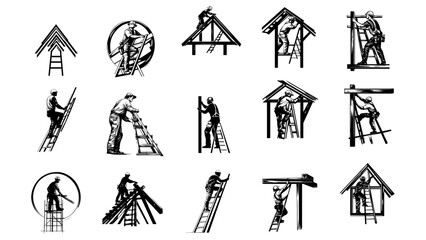 Set of Black and White Vector Illustrations for Fencing and Carpentry Work

