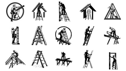 Set of Black and White Vector Illustrations for Fencing and Carpentry Work

