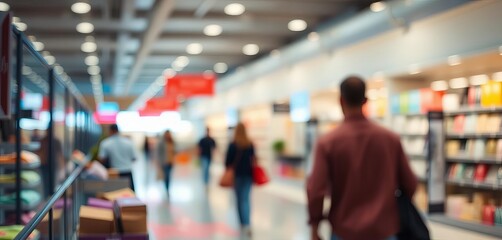 Obraz premium Blurred department store background, shoppers indistinct, photography, vibrant background
