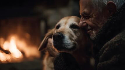 Elderly man shares a loving moment with his golden retriever dog by a warm fireplace