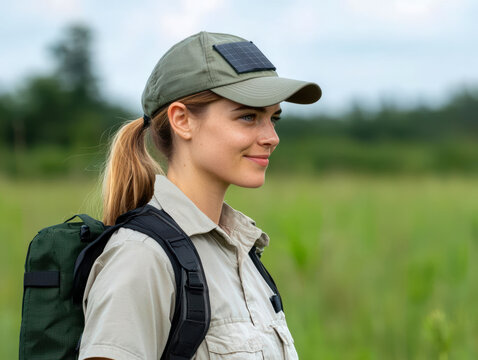 environmental conservation with forest preservation and eco-friendly practices. Biologist using solar-powered field gear while tracking forest species