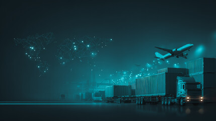 Smart Innovation connection cyber security Container truck in ship port for business Logistics transportation of Container Cargo ship Cargo plane with working crane bridge in shipyard at Twilight