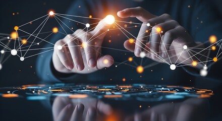 A person’s hands interacting with a futuristic digital interface, featuring a glowing network of interconnected nodes and lines representing data, communication, or artificial intelligence. 
