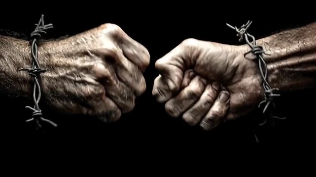 Two weathered fists bound by barbed wire meet in a powerful fist bump against a stark black background, symbolizing struggle and constrained unity.
